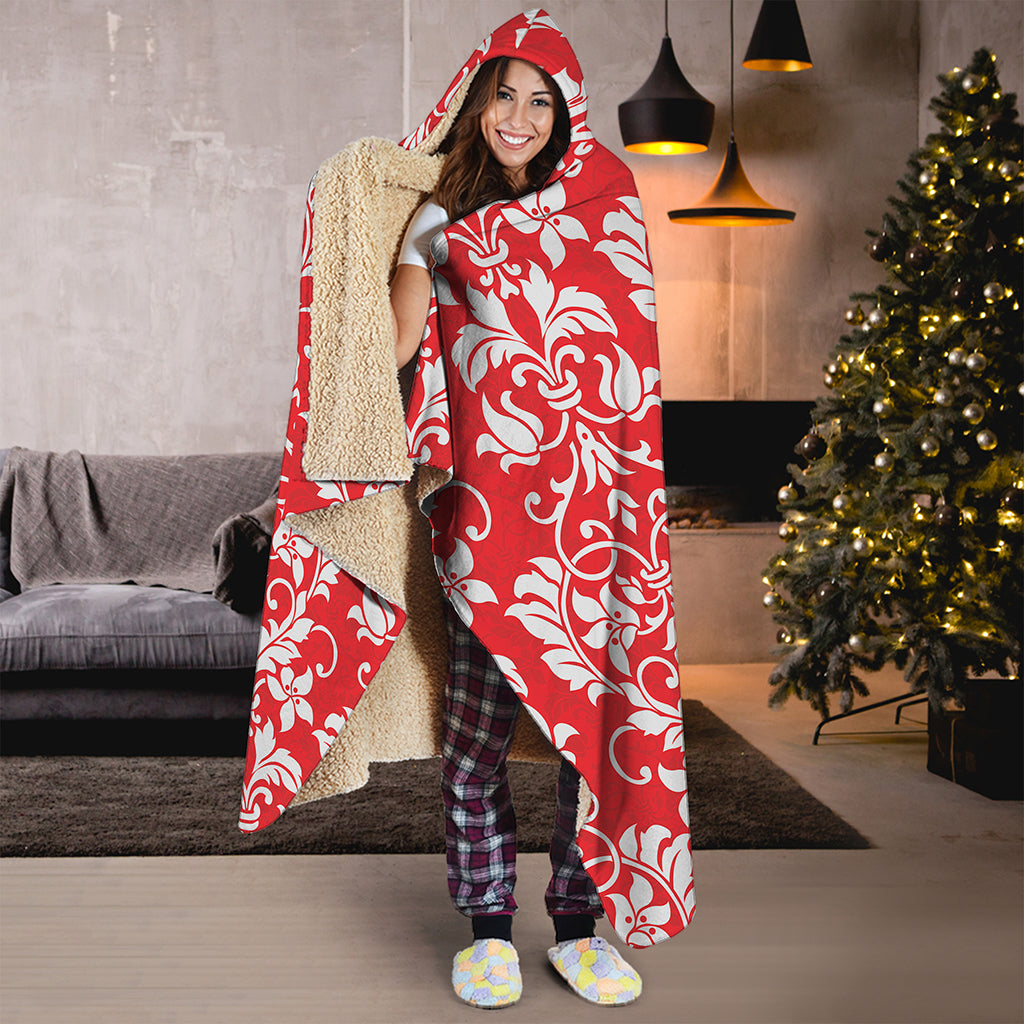 Red And White Damask Pattern Print Hooded Blanket