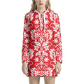 Red And White Damask Pattern Print Pullover Hoodie Dress