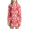 Red And White Damask Pattern Print Hoodie Dress