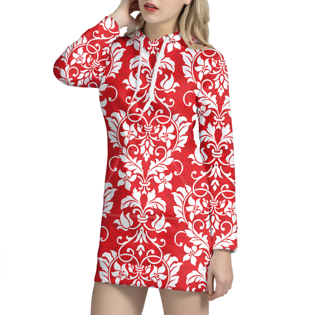 Red And White Damask Pattern Print Hoodie Dress