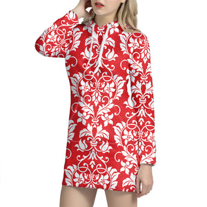 Red And White Damask Pattern Print Hoodie Dress