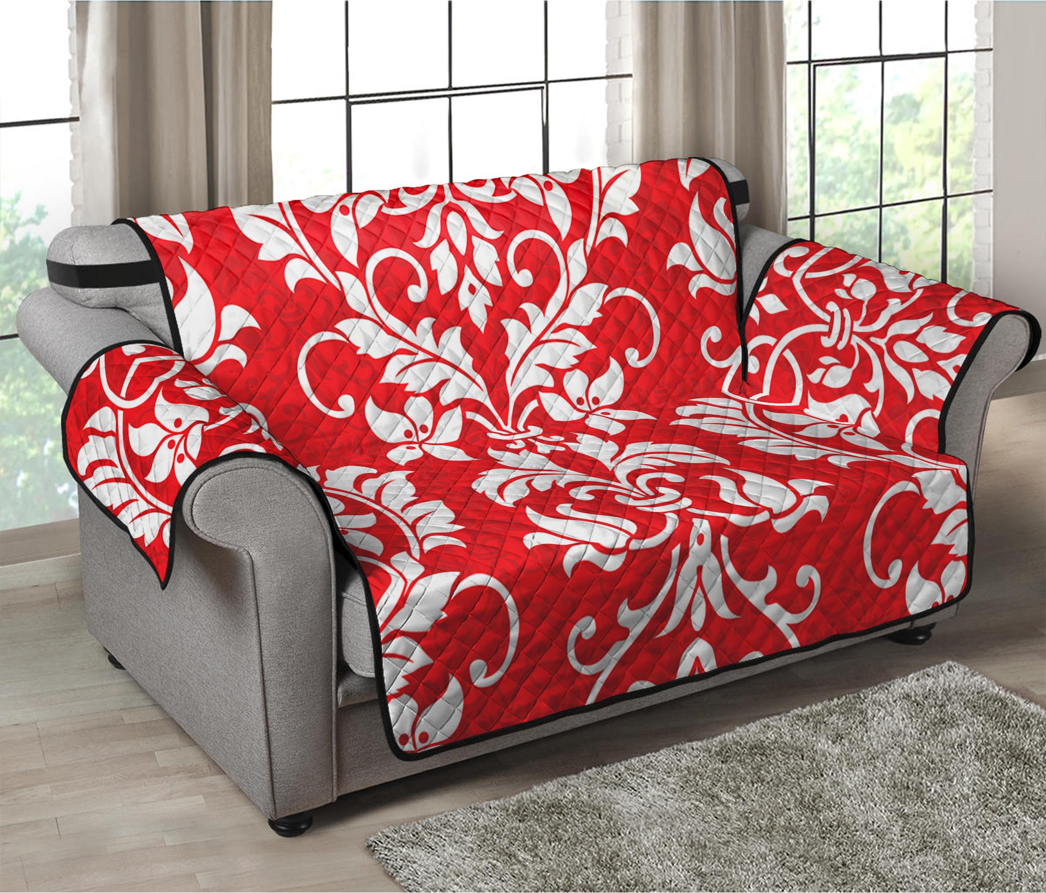 Red And White Damask Pattern Print Loveseat Protector