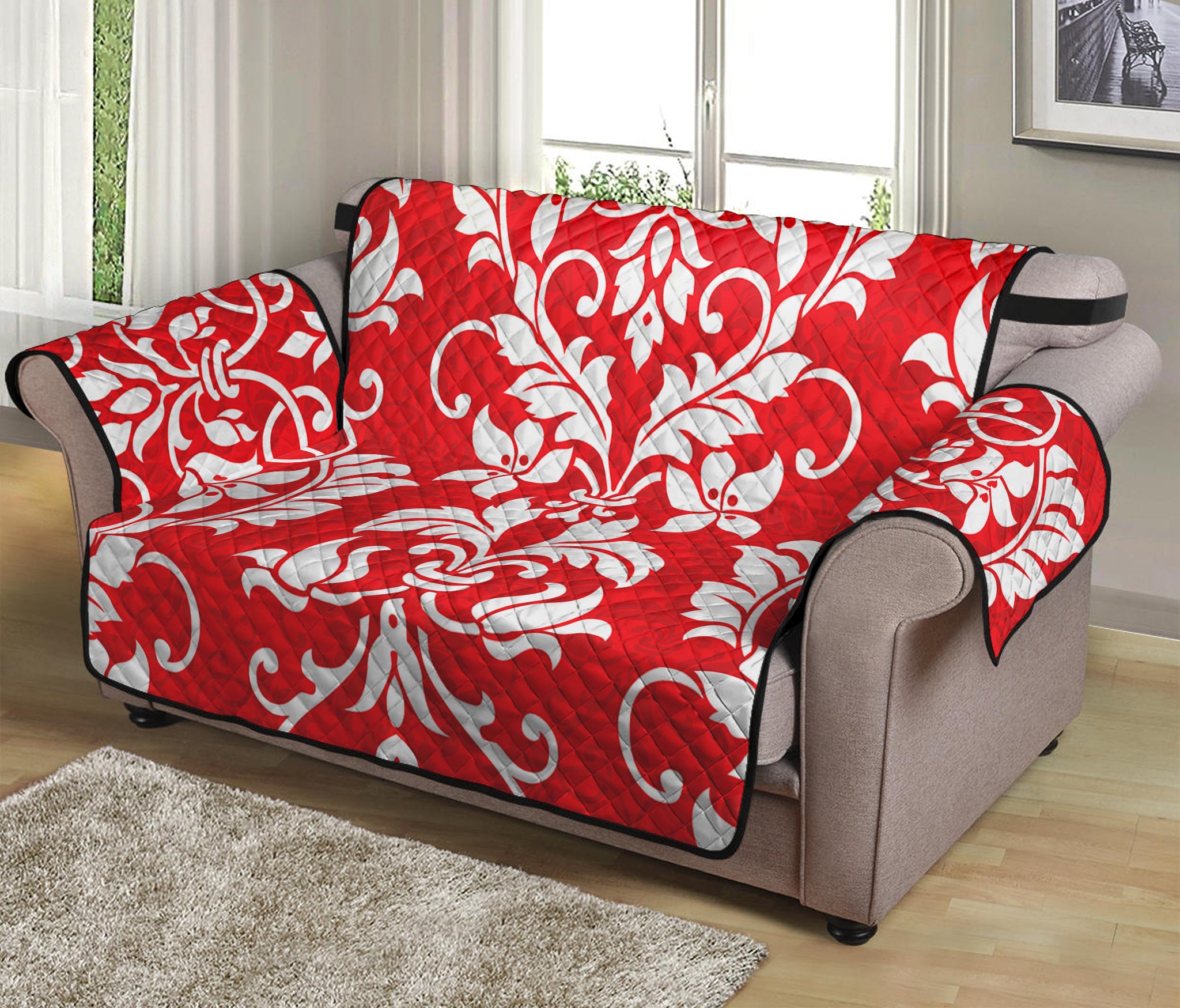 Red And White Damask Pattern Print Loveseat Protector