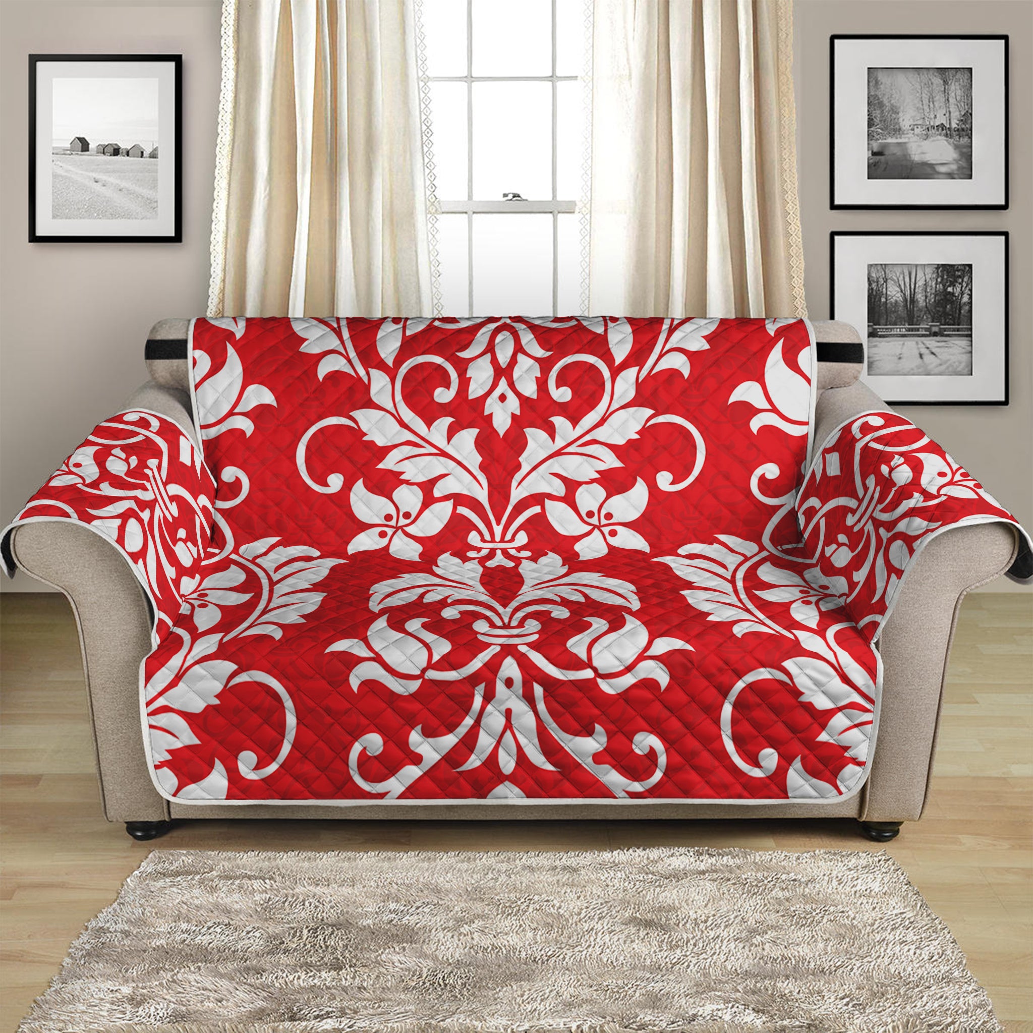 Red And White Damask Pattern Print Loveseat Protector