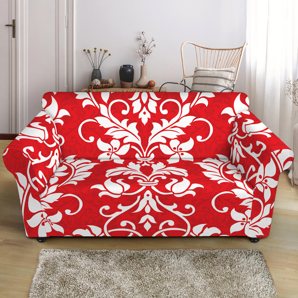 Red And White Damask Pattern Print Loveseat Slipcover