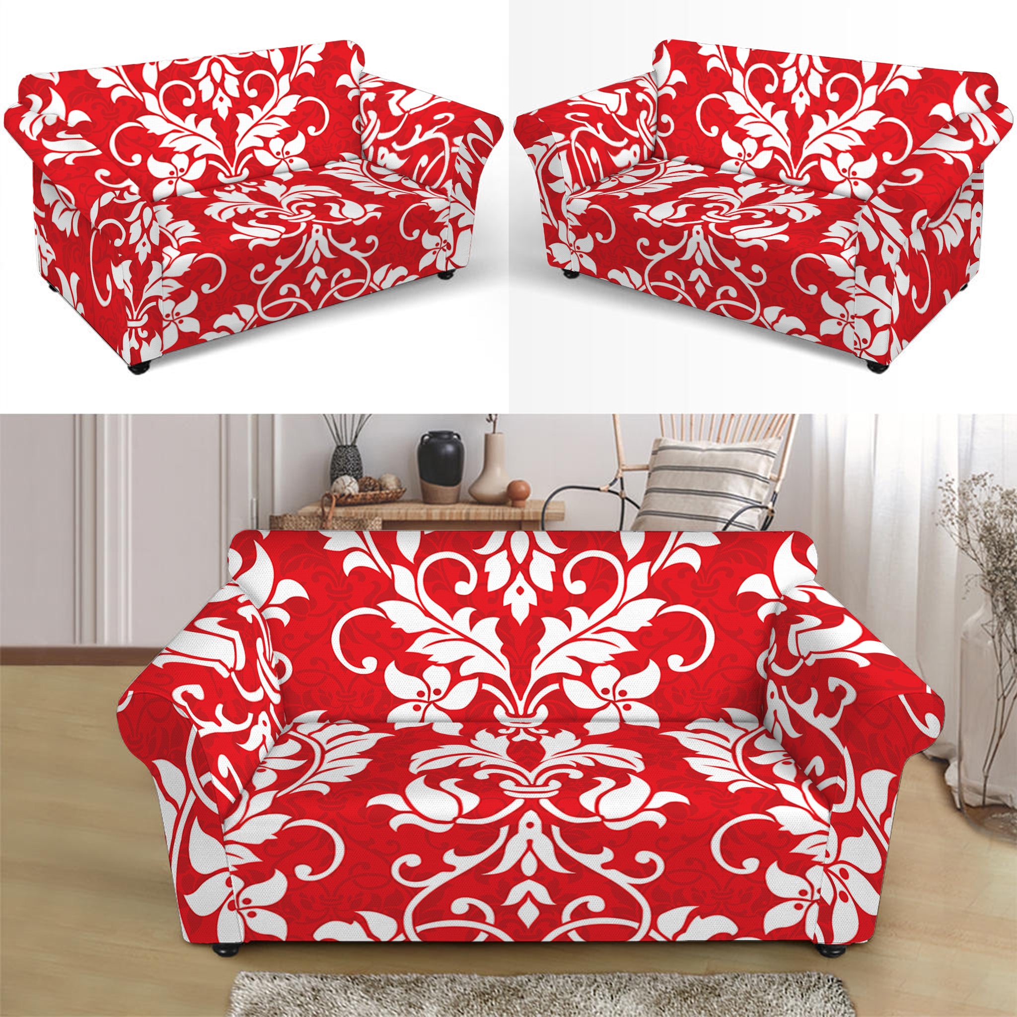 Red And White Damask Pattern Print Loveseat Slipcover