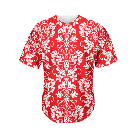 Red And White Damask Pattern Print Men's Baseball Jersey