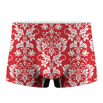 Red And White Damask Pattern Print Men's Boxer Briefs