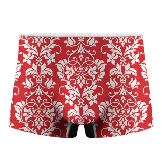 Red And White Damask Pattern Print Men's Boxer Briefs