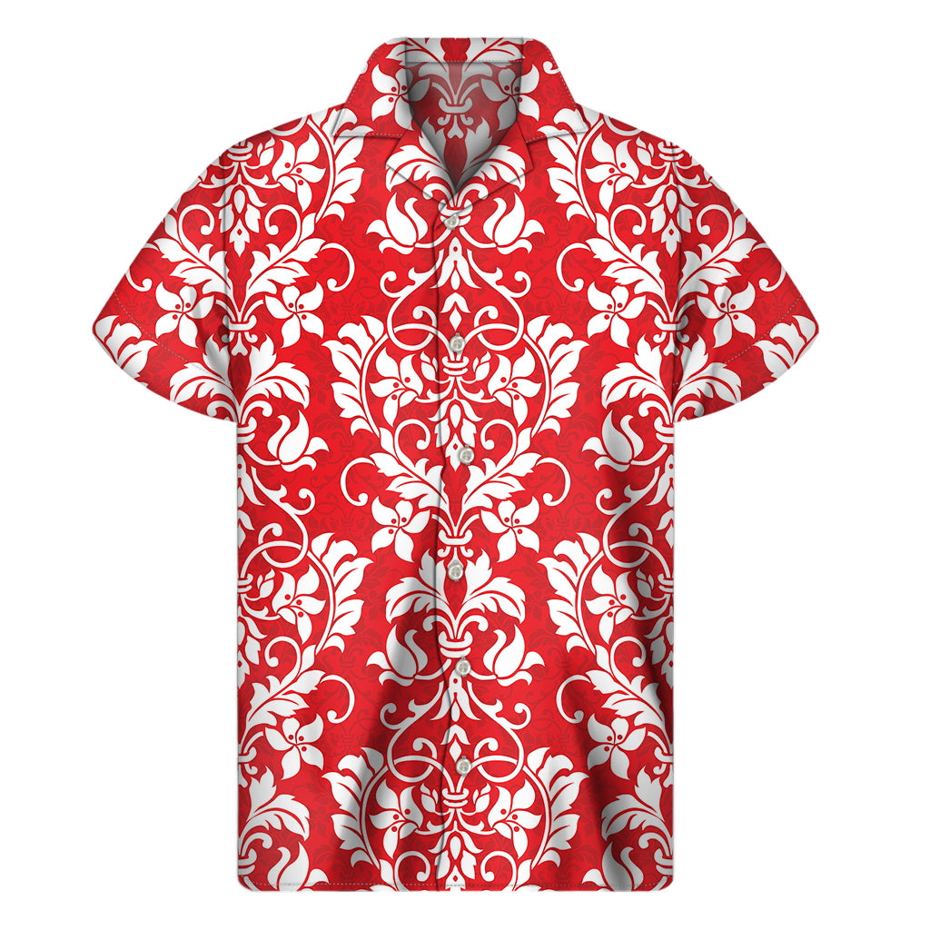 Red And White Damask Pattern Print Men's Short Sleeve Shirt