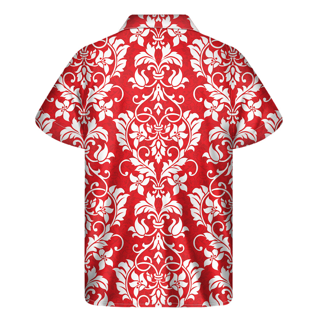 Red And White Damask Pattern Print Men's Short Sleeve Shirt