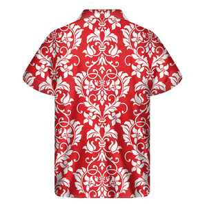 Red And White Damask Pattern Print Men's Short Sleeve Shirt