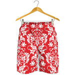 Red And White Damask Pattern Print Men's Shorts