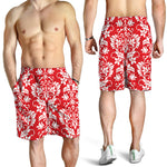 Red And White Damask Pattern Print Men's Shorts