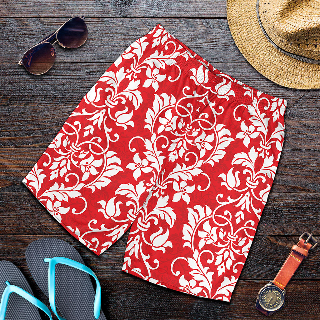 Red And White Damask Pattern Print Men's Shorts