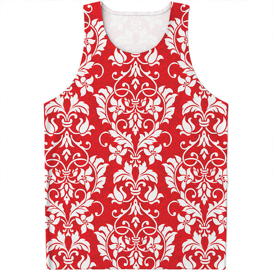 Red And White Damask Pattern Print Men's Tank Top