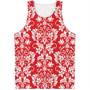 Red And White Damask Pattern Print Men's Tank Top