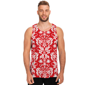 Red And White Damask Pattern Print Men's Tank Top
