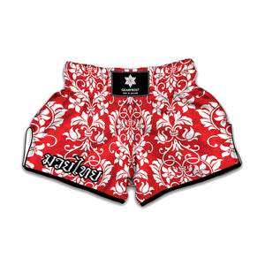 Red And White Damask Pattern Print Muay Thai Boxing Shorts