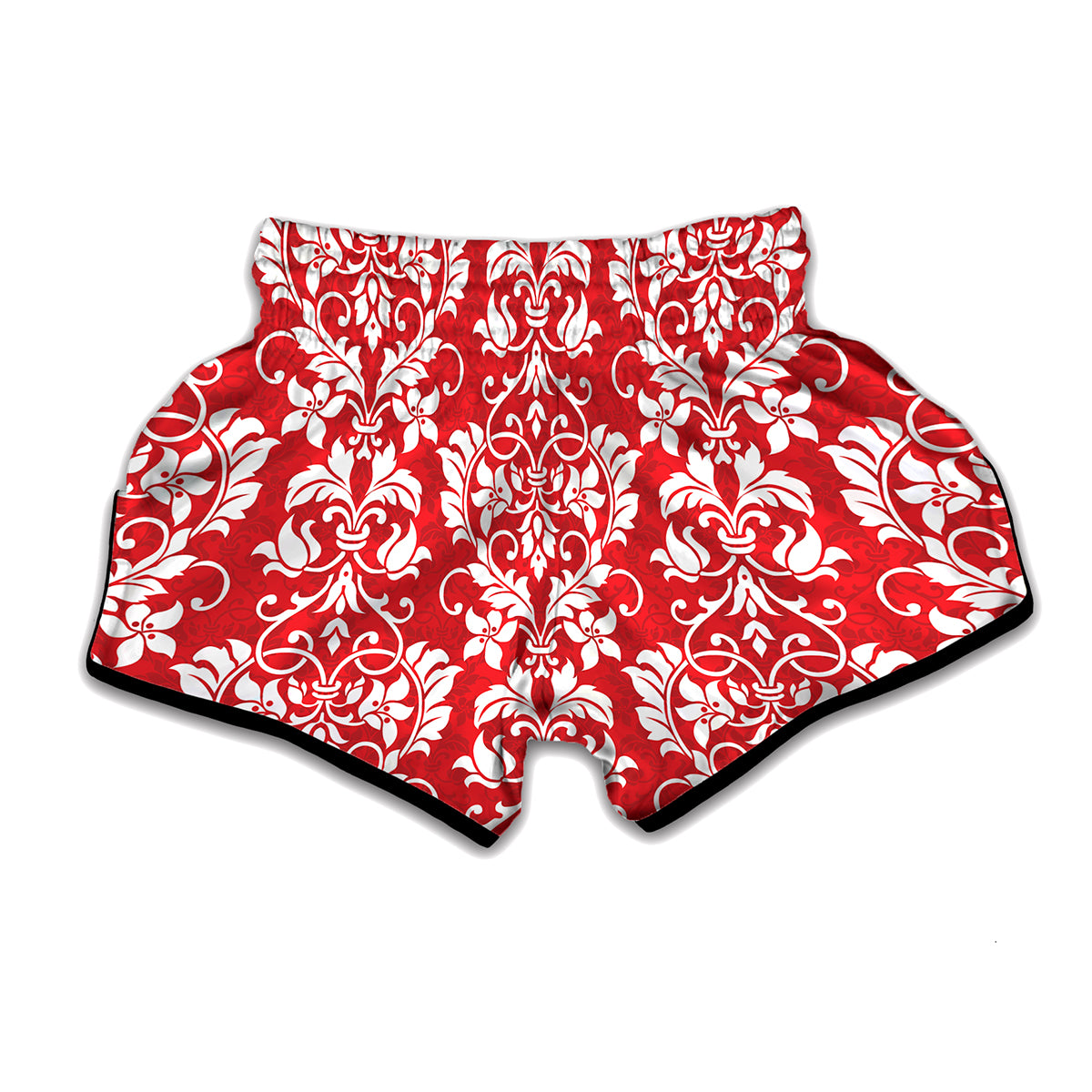 Red And White Damask Pattern Print Muay Thai Boxing Shorts