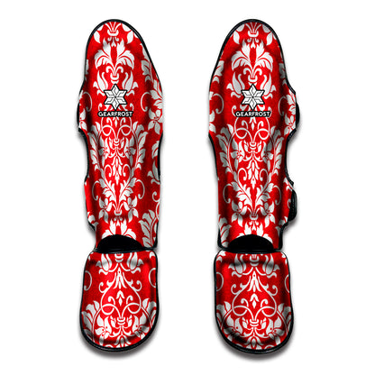 Red And White Damask Pattern Print Muay Thai Shin Guard