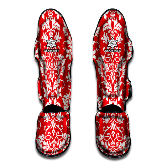 Red And White Damask Pattern Print Muay Thai Shin Guard