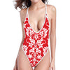 Red And White Damask Pattern Print One Piece High Cut Swimsuit