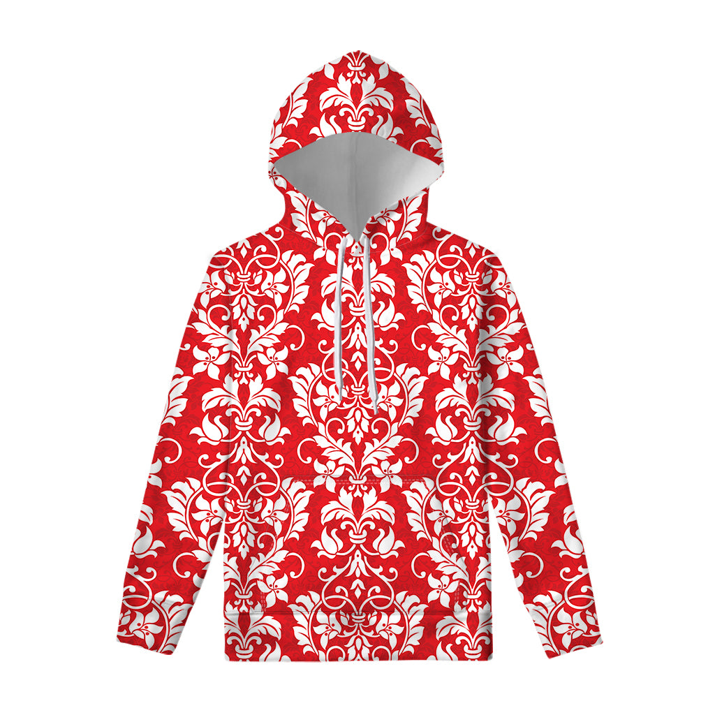 Red And White Damask Pattern Print Pullover Hoodie