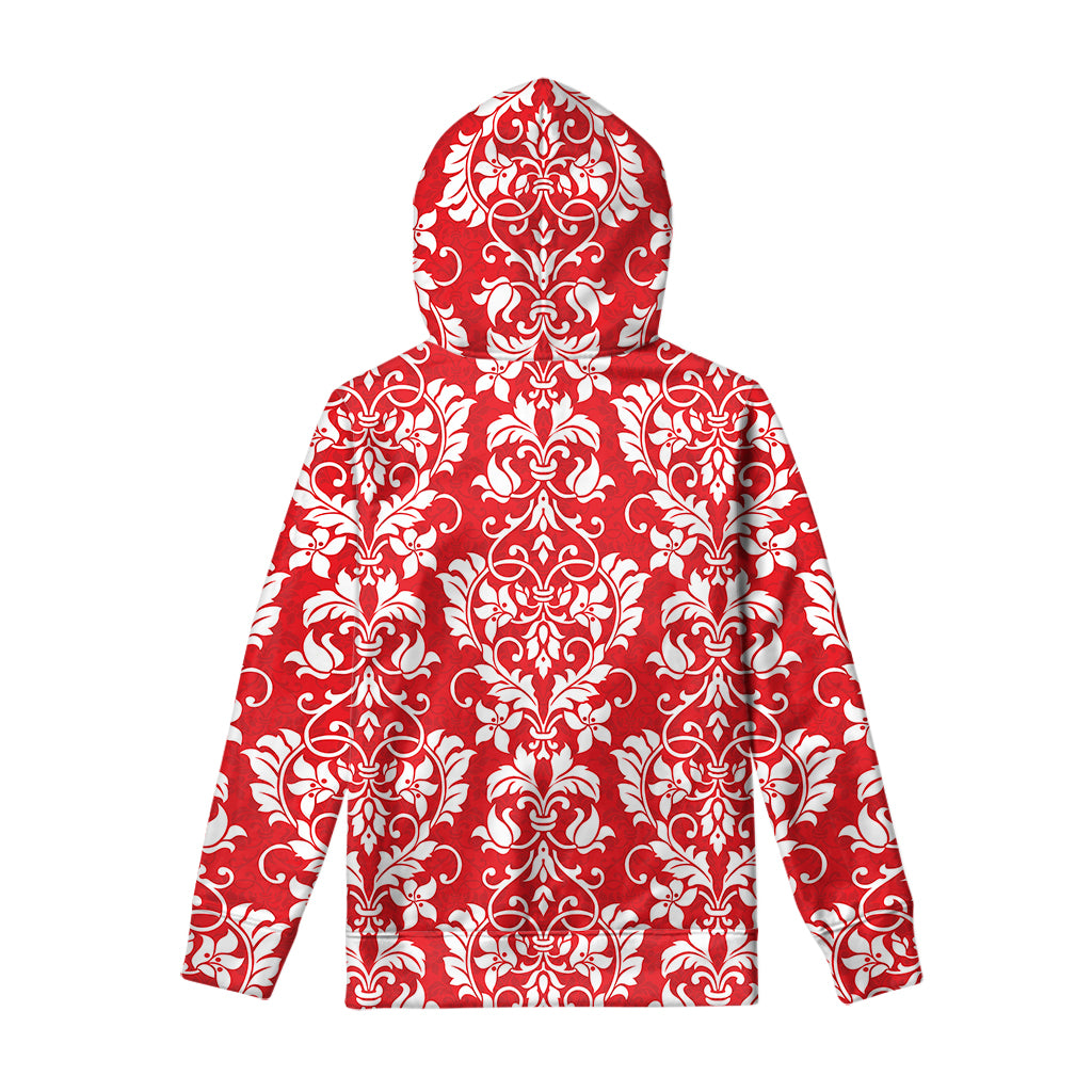 Red And White Damask Pattern Print Pullover Hoodie