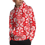 Red And White Damask Pattern Print Pullover Hoodie