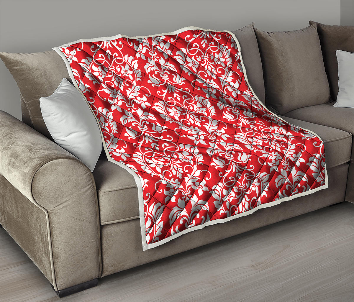 Red And White Damask Pattern Print Quilt