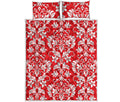 Red And White Damask Pattern Print Quilt Bed Set