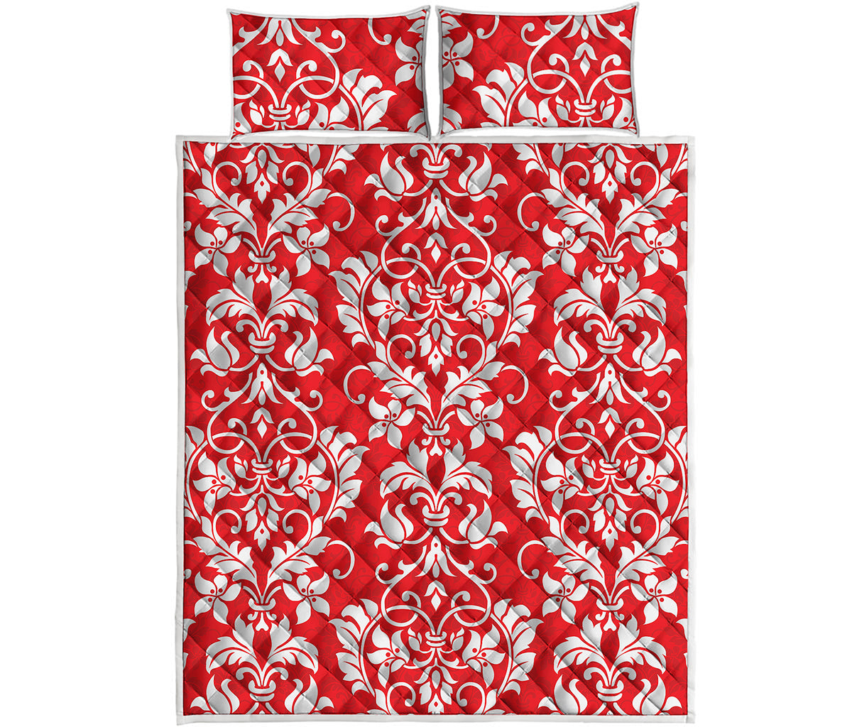Red And White Damask Pattern Print Quilt Bed Set