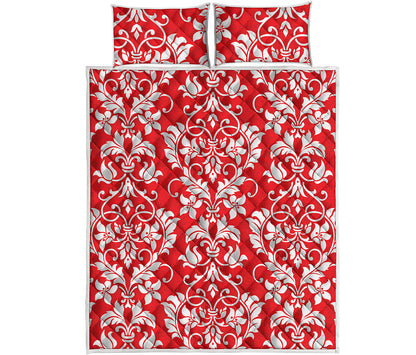 Red And White Damask Pattern Print Quilt Bed Set