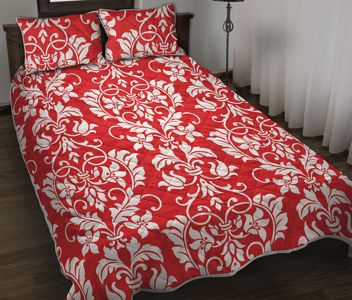 Red And White Damask Pattern Print Quilt Bed Set