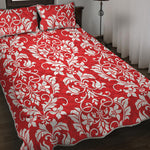 Red And White Damask Pattern Print Quilt Bed Set