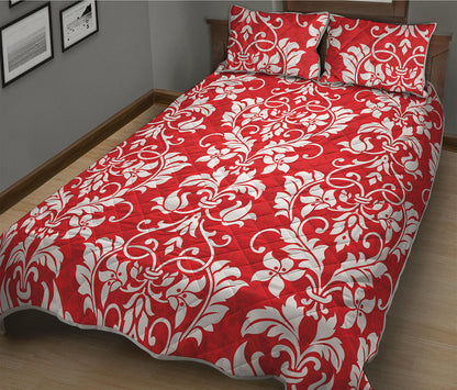 Red And White Damask Pattern Print Quilt Bed Set