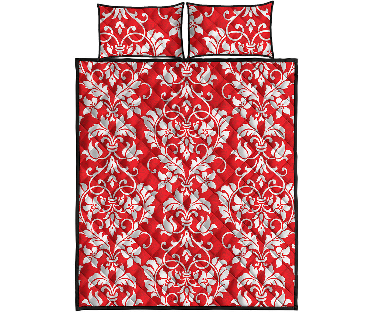 Red And White Damask Pattern Print Quilt Bed Set