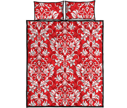 Red And White Damask Pattern Print Quilt Bed Set