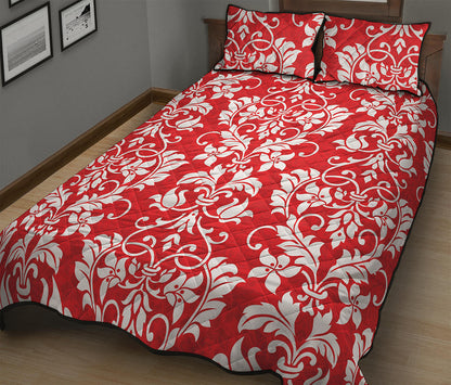 Red And White Damask Pattern Print Quilt Bed Set