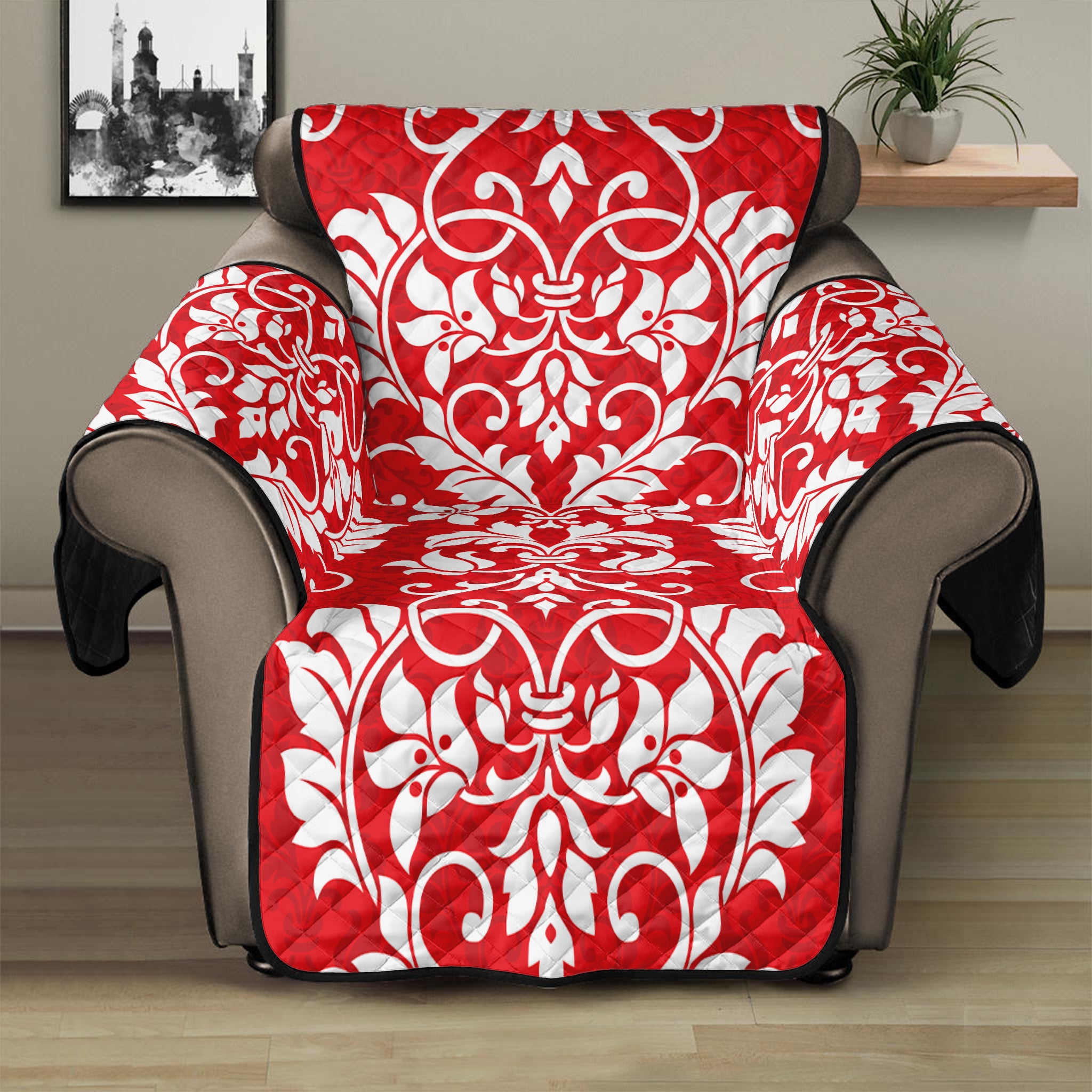 Red And White Damask Pattern Print Recliner Protector