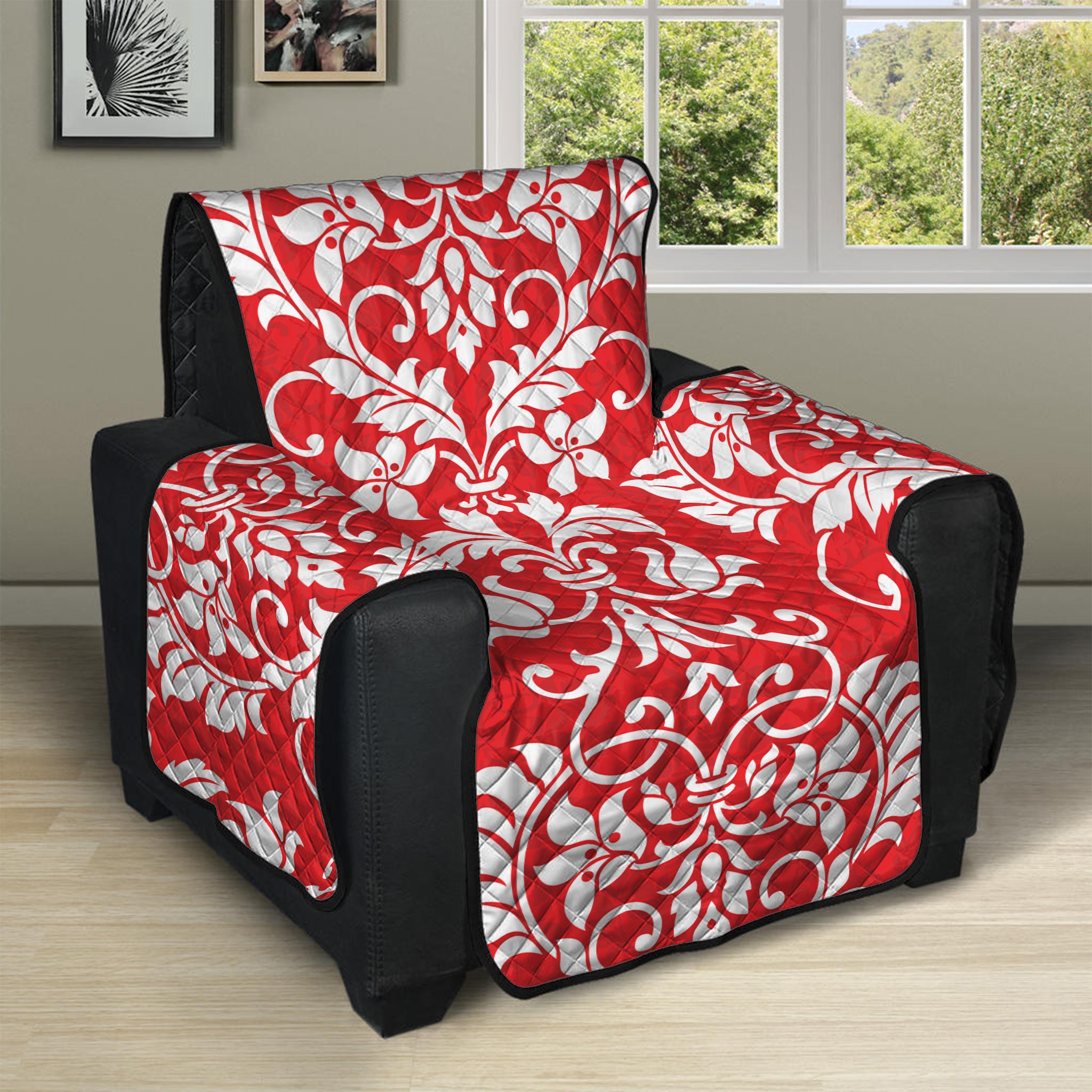 Red And White Damask Pattern Print Recliner Protector