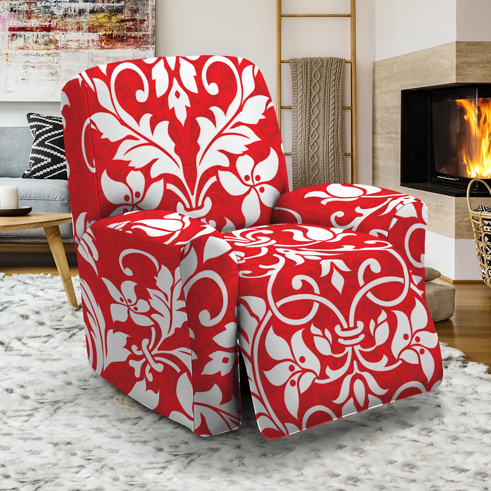 Red And White Damask Pattern Print Recliner Slipcover