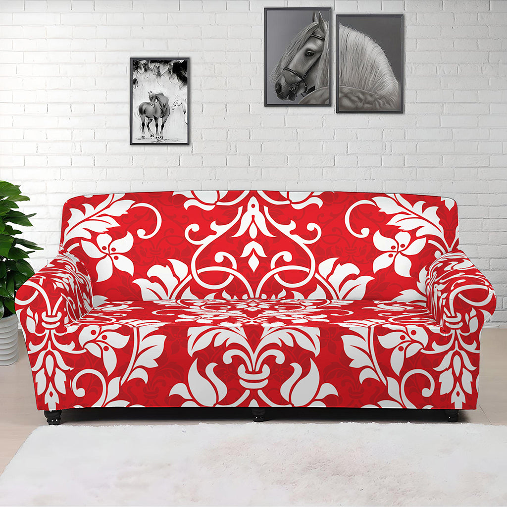 Red And White Damask Pattern Print Sofa Cover
