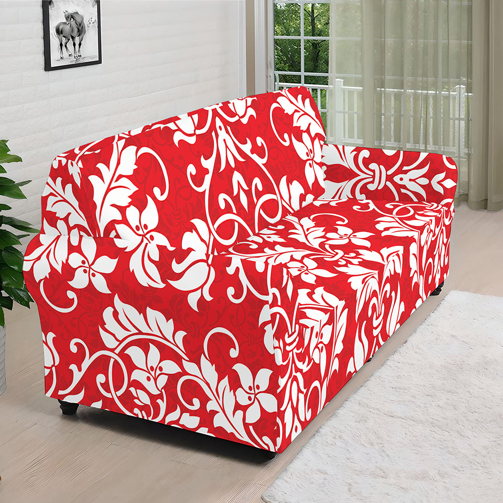 Red And White Damask Pattern Print Sofa Cover