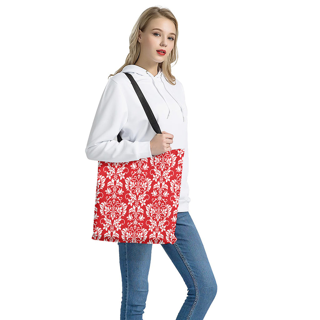 Red And White Damask Pattern Print Tote Bag