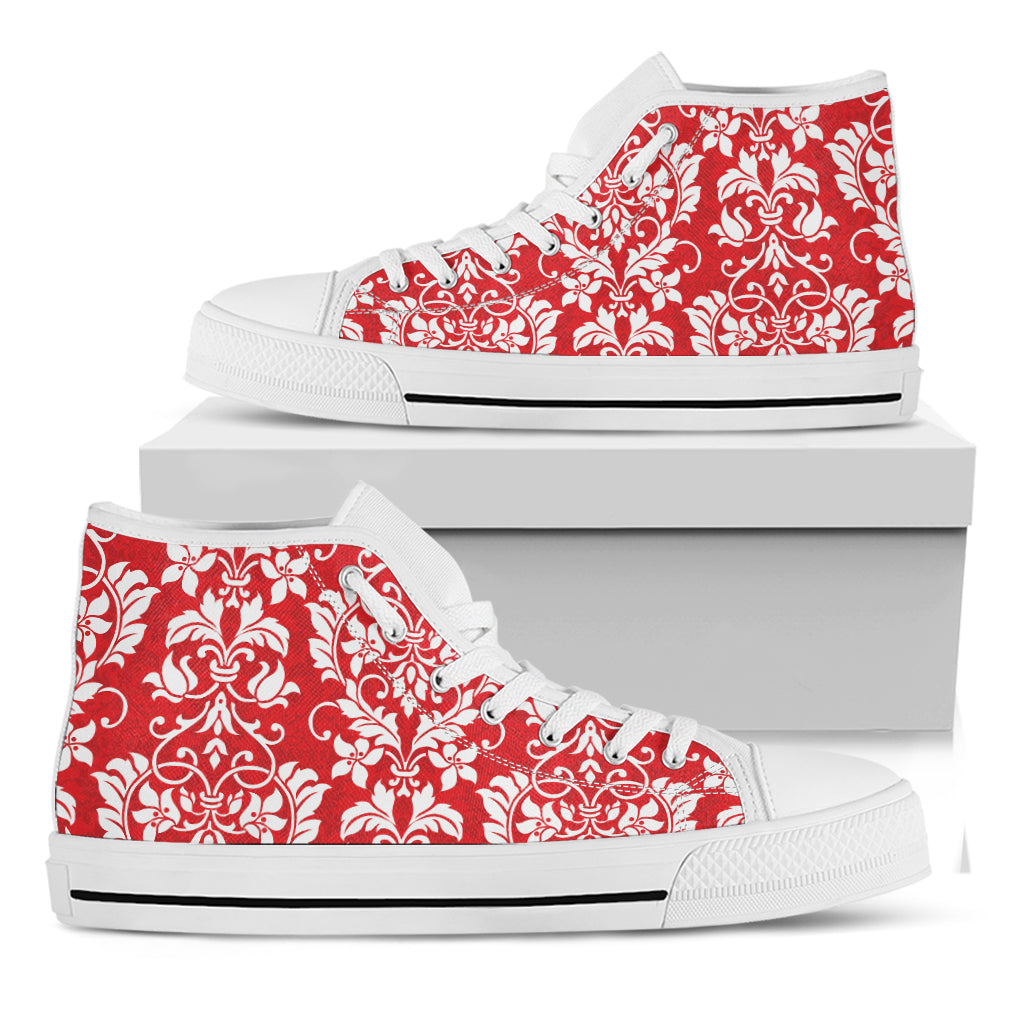 Red And White Damask Pattern Print White High Top Shoes