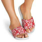 Red And White Damask Pattern Print White Slide Sandals