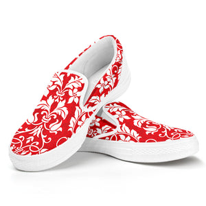 Red And White Damask Pattern Print White Slip On Shoes