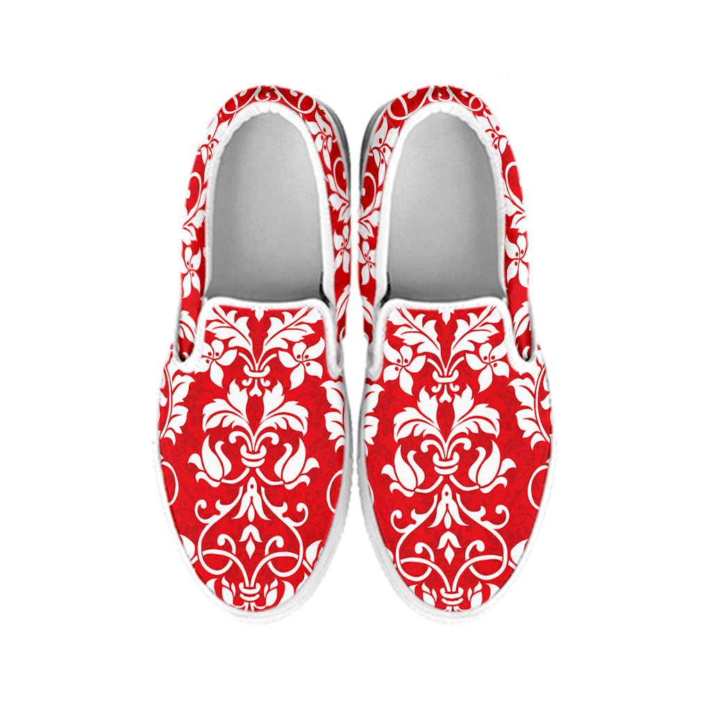 Red And White Damask Pattern Print White Slip On Shoes